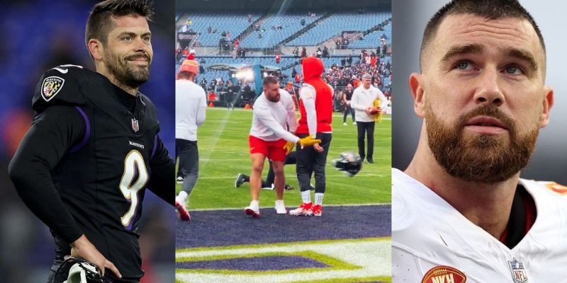 Travis Kelce wirft Justin Tuckers Helm weg, während sich der Ravens-Kicker in der Nähe von Patrick Mahomes aufwärmt
