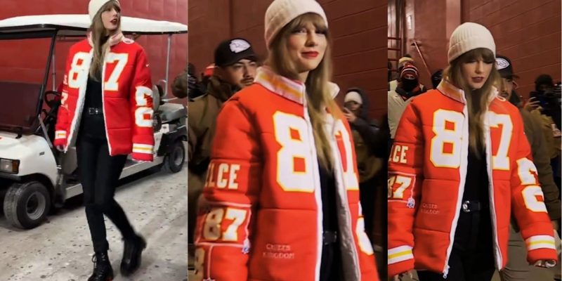 Taylor Swift rockt bei ihrem Playoff-Debüt bei Arrowhead eine maßgeschneiderte Pufferjacke im Travis-Kelce-Stil